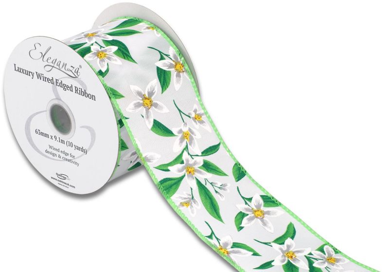 Eleganza Wired Edge - Floral Pattern White Ribbon 63mm
