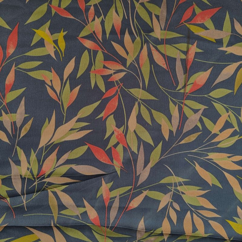 Silky Satin Printed Fabric - Multi Coloured Leaves On Navy