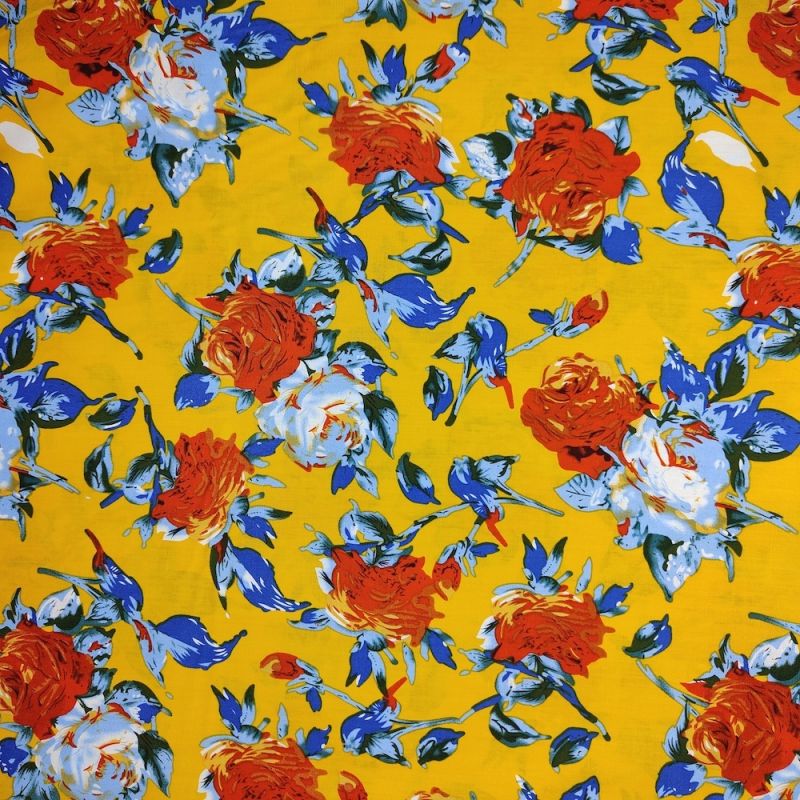 100% Cotton Poplin Fabric - Ochre with Sunset Flowers