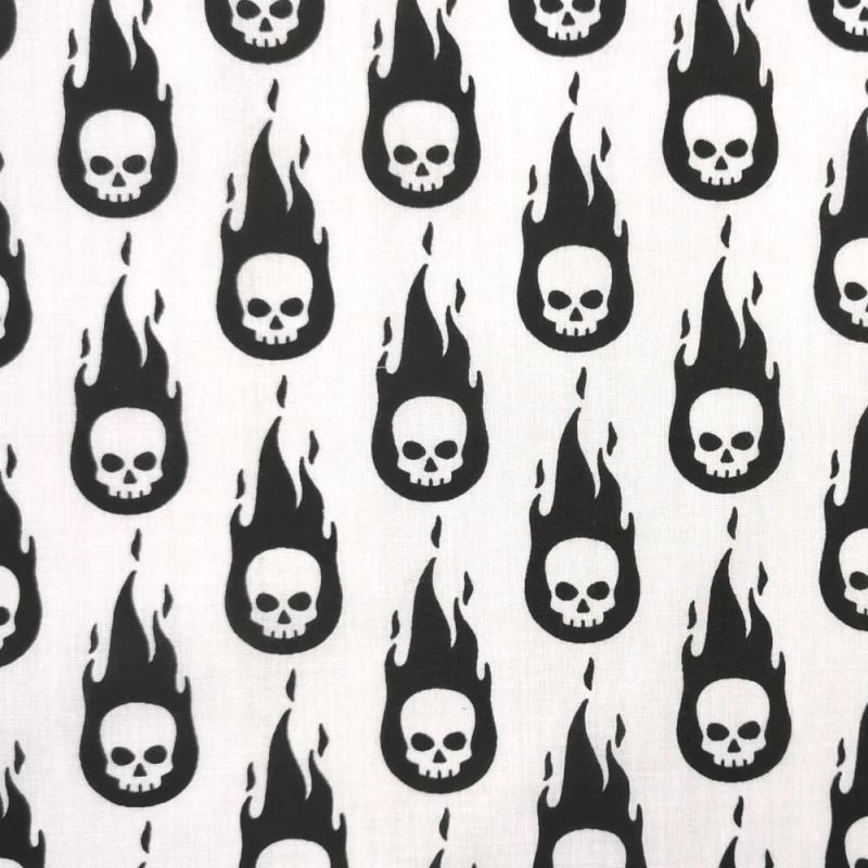 Polycotton Printed Fabric - Flaming Skulls - White