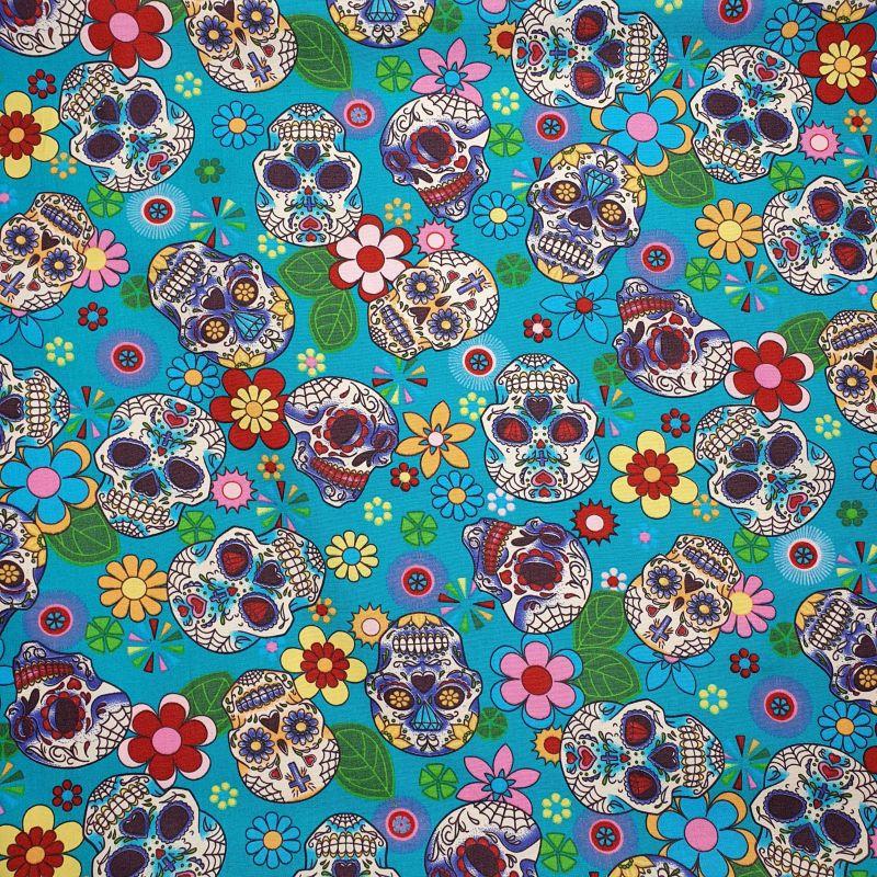 100% Cotton Poplin Fabric Skulls & Flowers - Turquoise