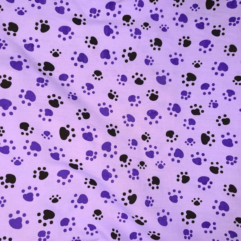 Polycotton Printed Fabric Paws - Lilac with Black & Purple Paws