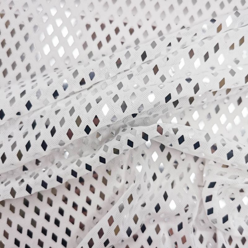 White with Silver Sequins Power Mesh Net Body Stocking Fabric 150cm 