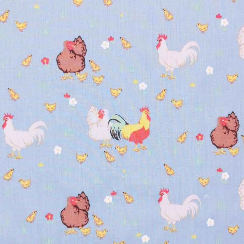 Printed Polycotton Fabric - Designs By Libby Chicken Family - Blue