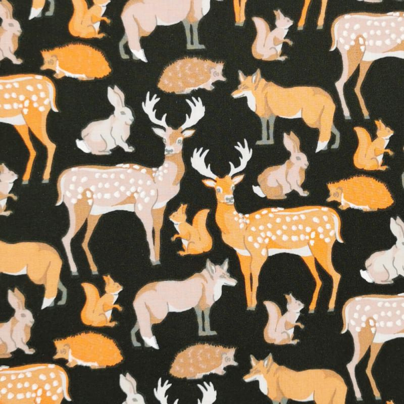 Printed Polycotton Fabric - Designs By Libby Woodland Animals - Black