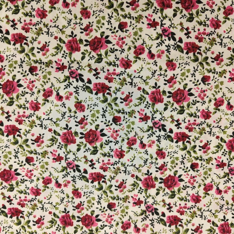 Printed Polycotton Fabric - Small Flowers Cream & Red