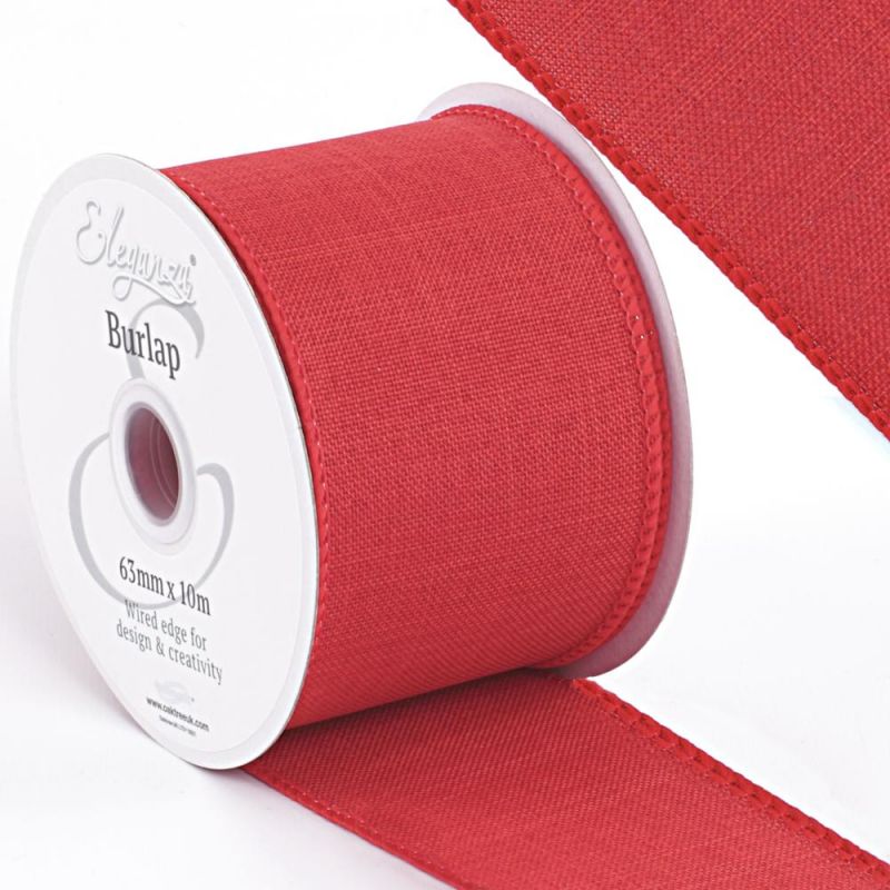 Wired Edge Burlap Ribbon 63mm - Red