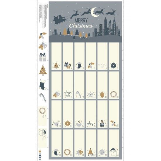 Q - Nutex Christmas Advent Calendar Panel - Flying and Reindeer Grey & Gold Metalic 60cm 