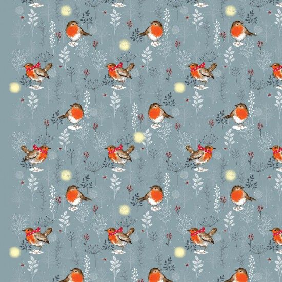 100% Cotton Fabric by Nutex - Christmas Winter Moon Robin
