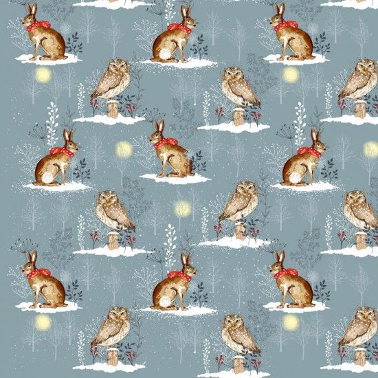 100% Cotton Fabric by Nutex - Christmas Winter Moon Owl & Hare