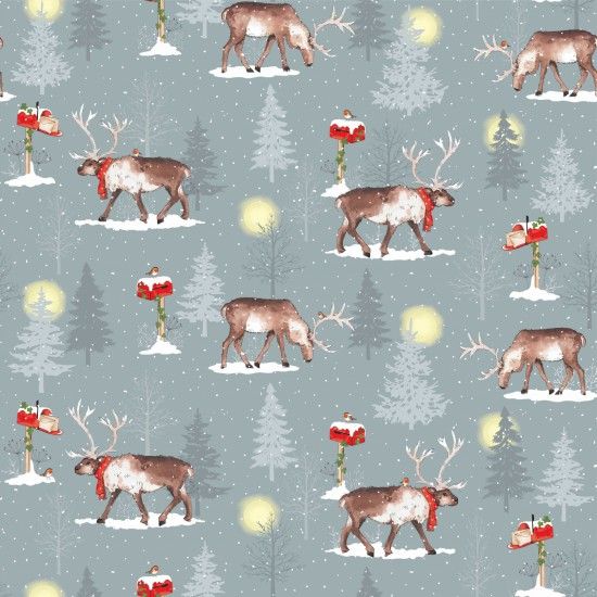 100% Cotton Fabric by Nutex - Christmas Winter Moon Deer Post
