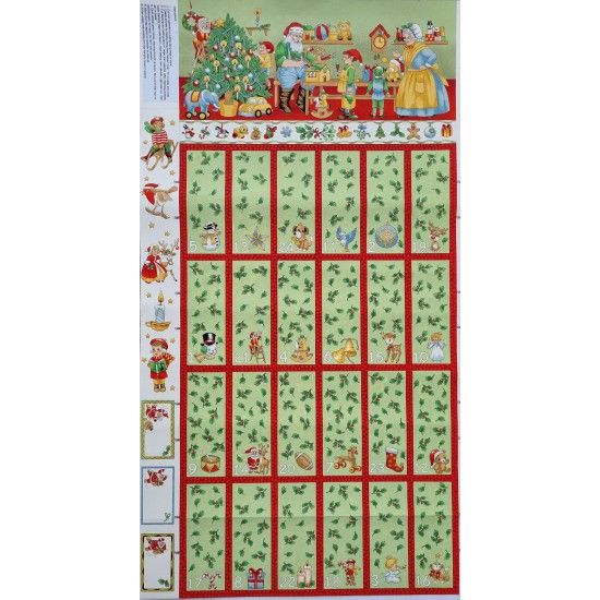 S - Nutex Christmas Advent Calendar Panel - Santa's Workshop Green & Red 60cm