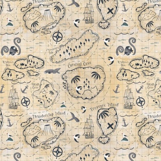 100% Cotton Fabric by Nutex - A Pirates Adventure Treasure Map