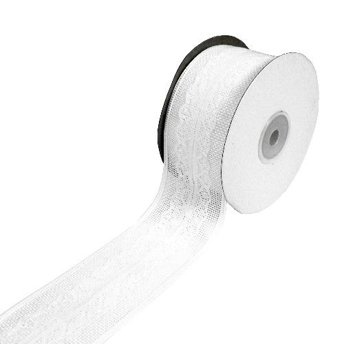 Hessian & Lace Woven Edge Ribbon - 50mm White / White **FULL ROLL**