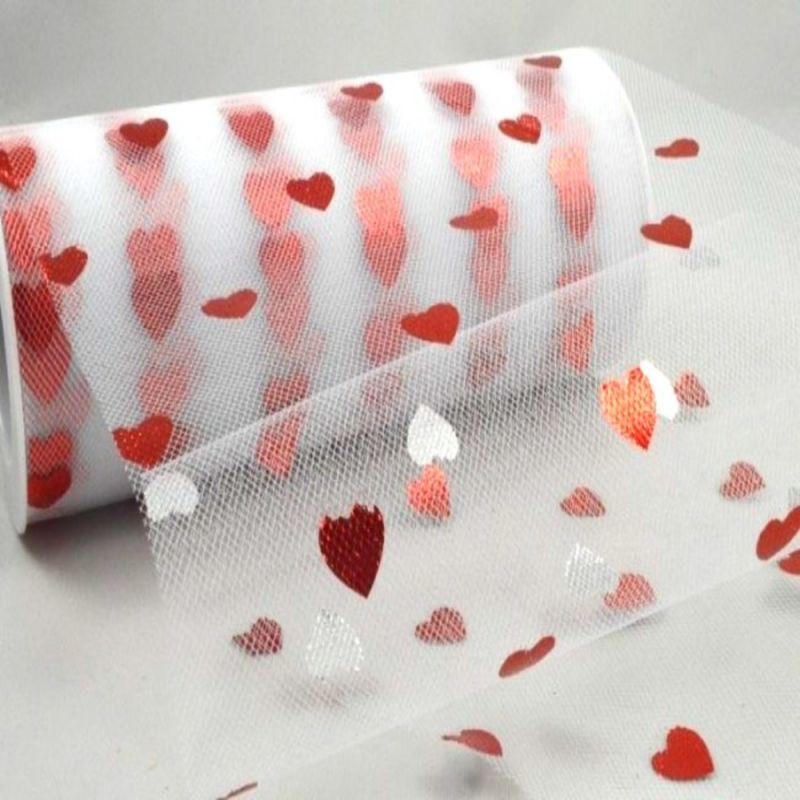 Pattern Tulle - Hearts White & Red 10m Roll