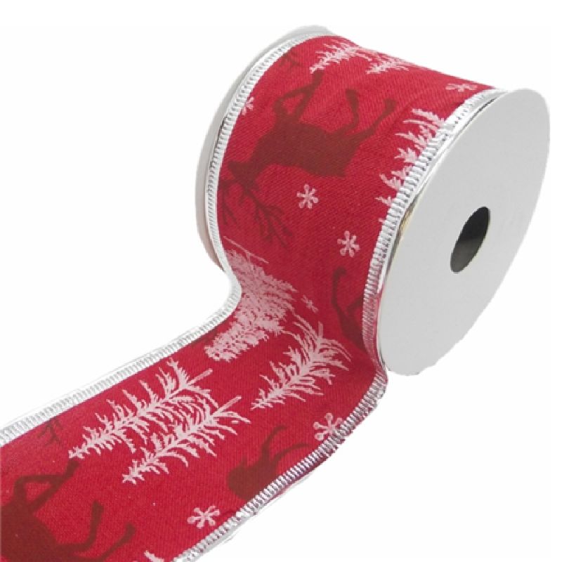 Christmas Wired Edge Ribbon Trees & Stag Red White Silver 63mm 10yds