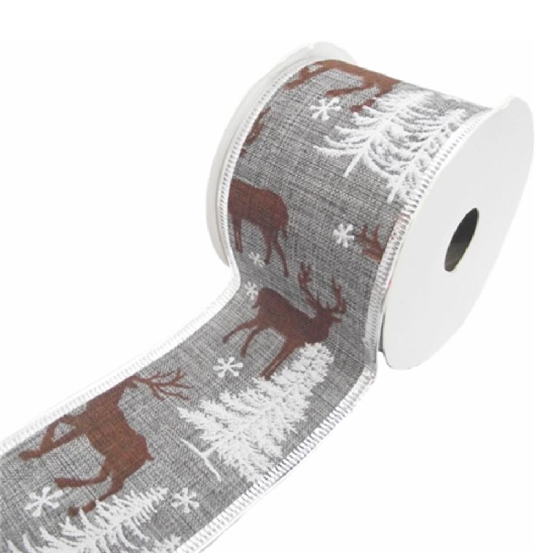 Christmas Wired Edge Ribbon Trees & Stag Grey Brown White 63mm 10yds