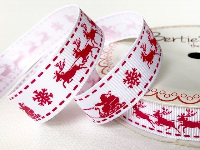 Berties Bows Red Santas Sleigh Print 16mm White Grosgrain Ribbon
