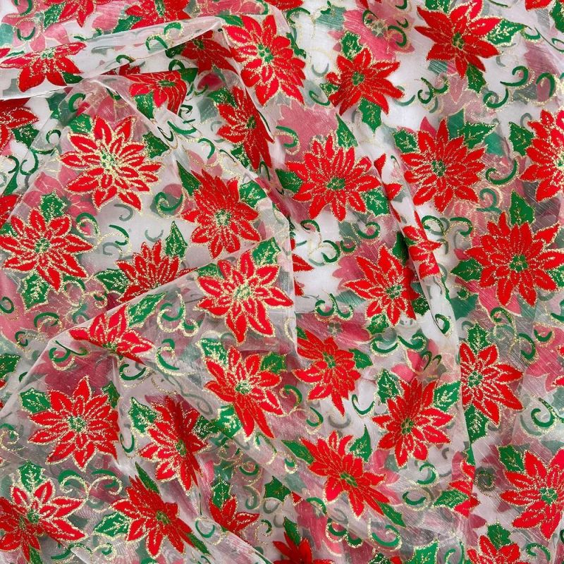 Printed Organza Foil Fabric - Christmas Poinsettia