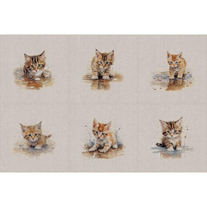 Cotton Mix Fabric - Puddle Kittens Panels Set of 6