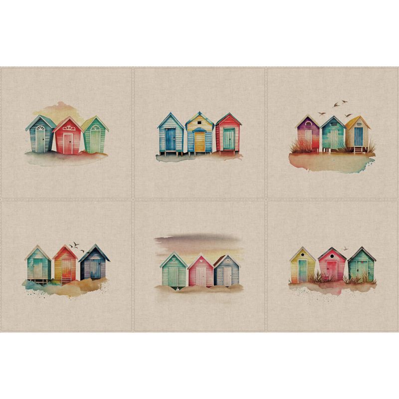 Cotton Rich Linen Look Fabric - Beach Huts Panels Set of 6