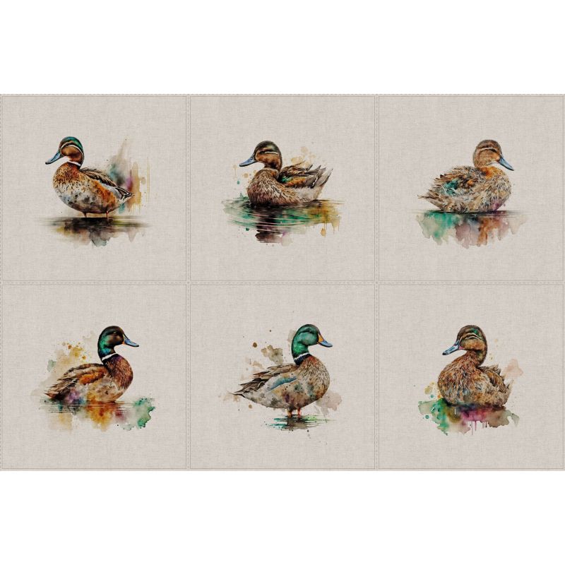 Cotton Rich Linen Look Fabric - Watercolour Ducks Panels Set of 6