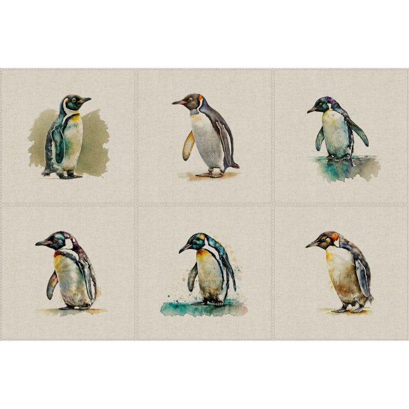 Cotton Rich Linen Look Fabric - Penguins Panels Set of 6