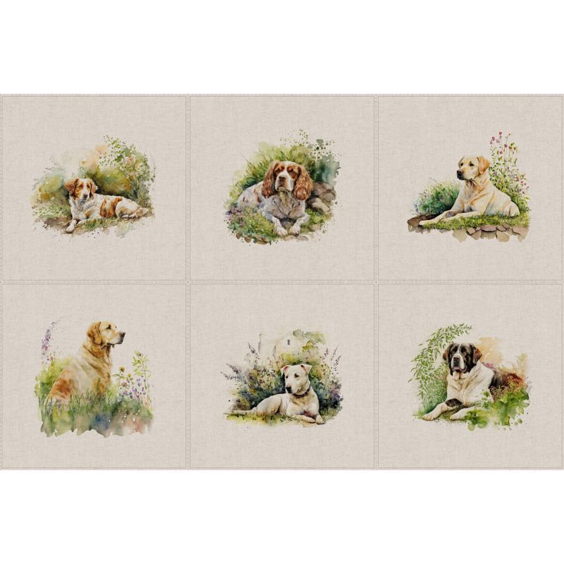 Cotton Rich Linen Look Fabric - Garden Dogs Panels Set of 6