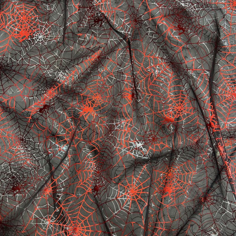 Printed Organza Foil Fabric - Spooky Spiders Red / Silver