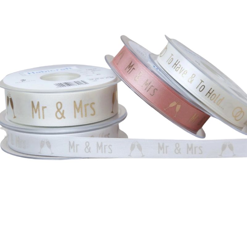 Habicraft Mr & Mrs White Satin Ribbon - White 15mm