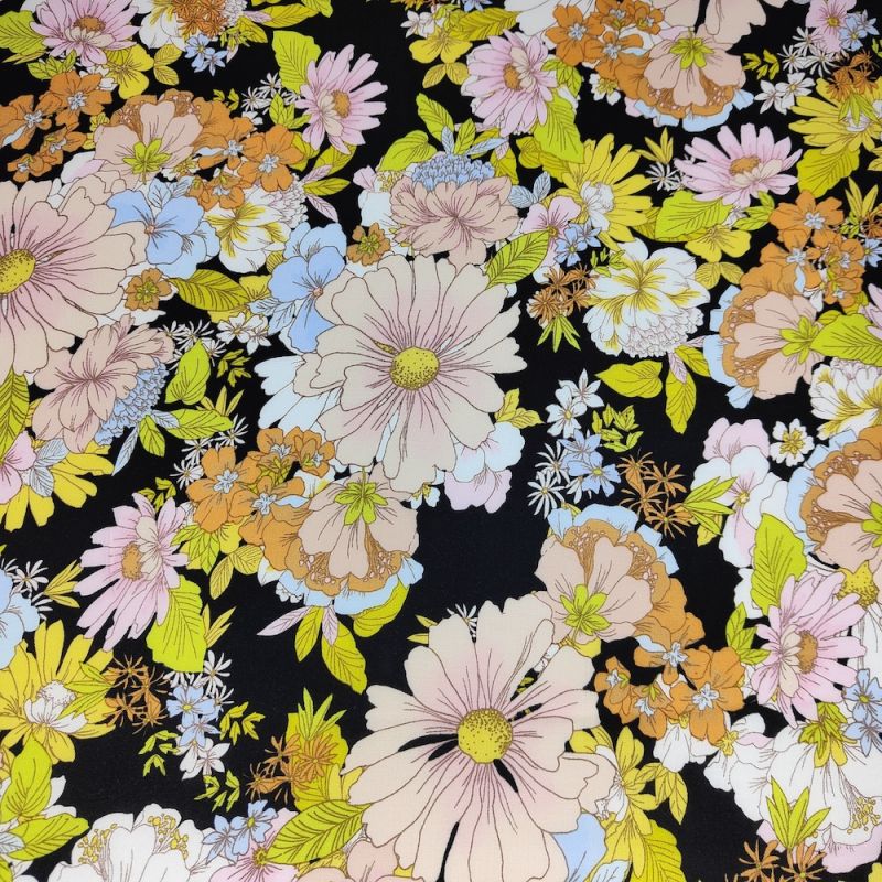 100% Viscose Floral Print Fabric - Bouquet Black