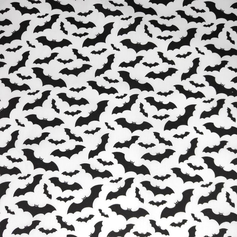 Polycotton Printed Fabric - Flying Bats - White with Black Bats