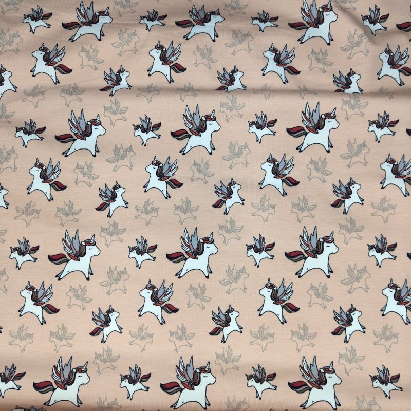 Unicorn Fabric - Jersey Cotton - Flying Unicorns Peach