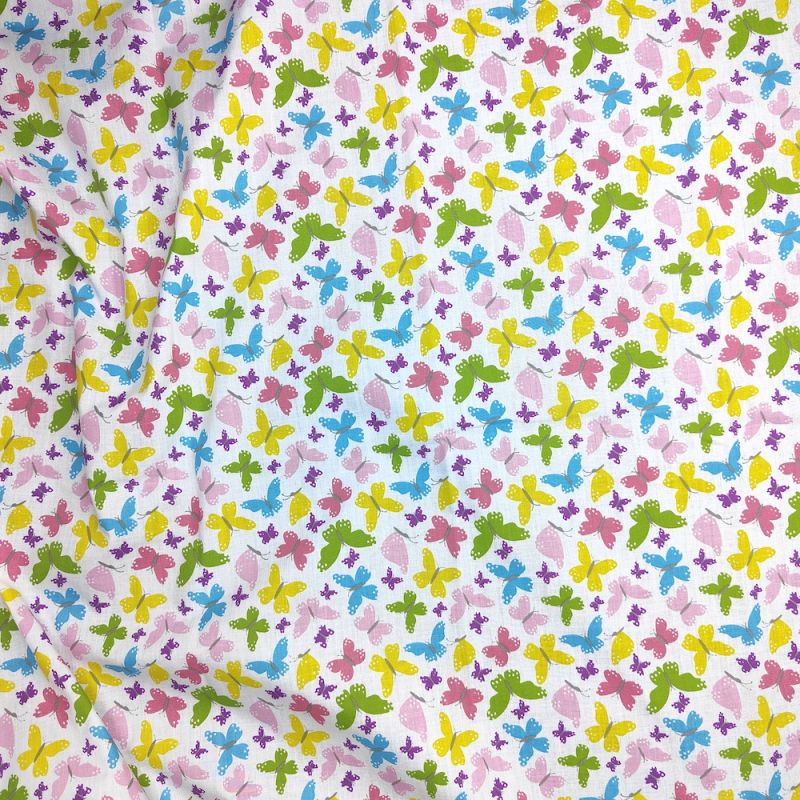 Printed Polycotton Fabric - Designs By Libby - Multi Coloured Butterflies White