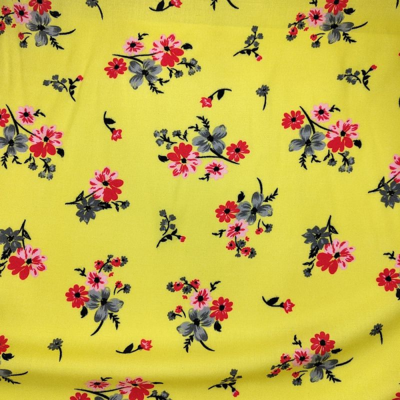 Poly Viscose Fabric - Yellow with Red & Pink Flowers