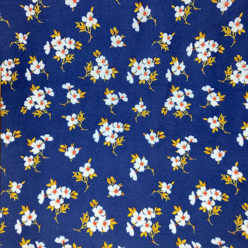 Poly Viscose Fabric - Navy with White Flowers