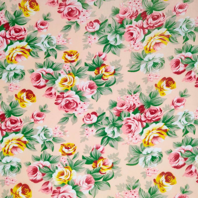 Vintage Printed Polycotton Fabric - Peach with Pink & Yellow Flowers 