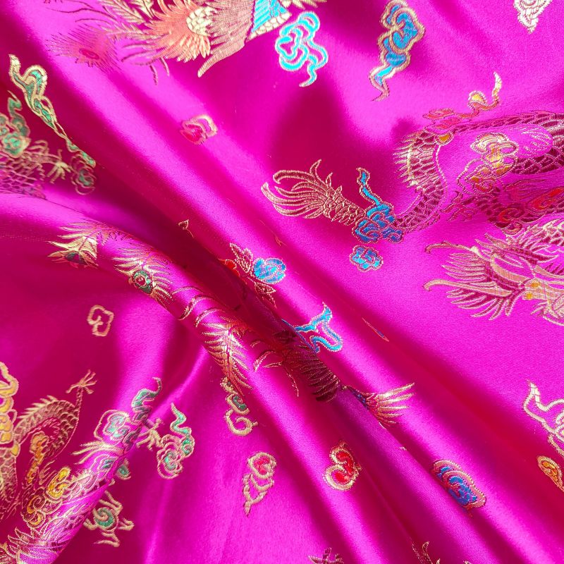 Brocade Satin Embroidered Chinese Dragon - Cerise