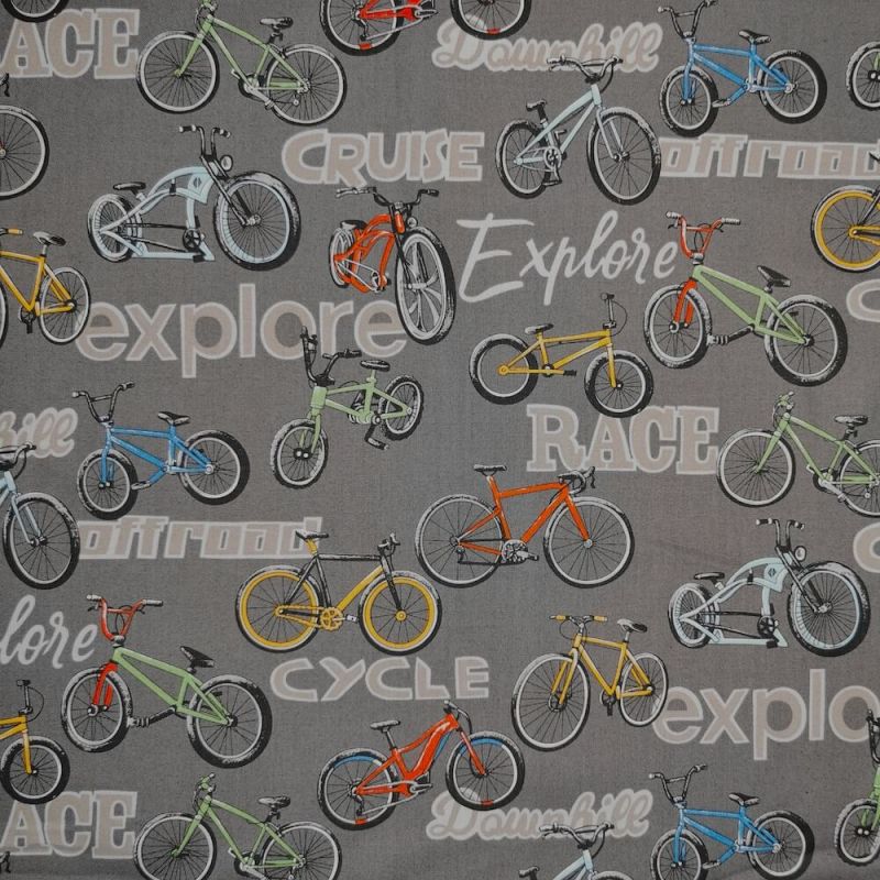 100% Cotton Print Fabric by Nutex - On Two Wheels - Grey