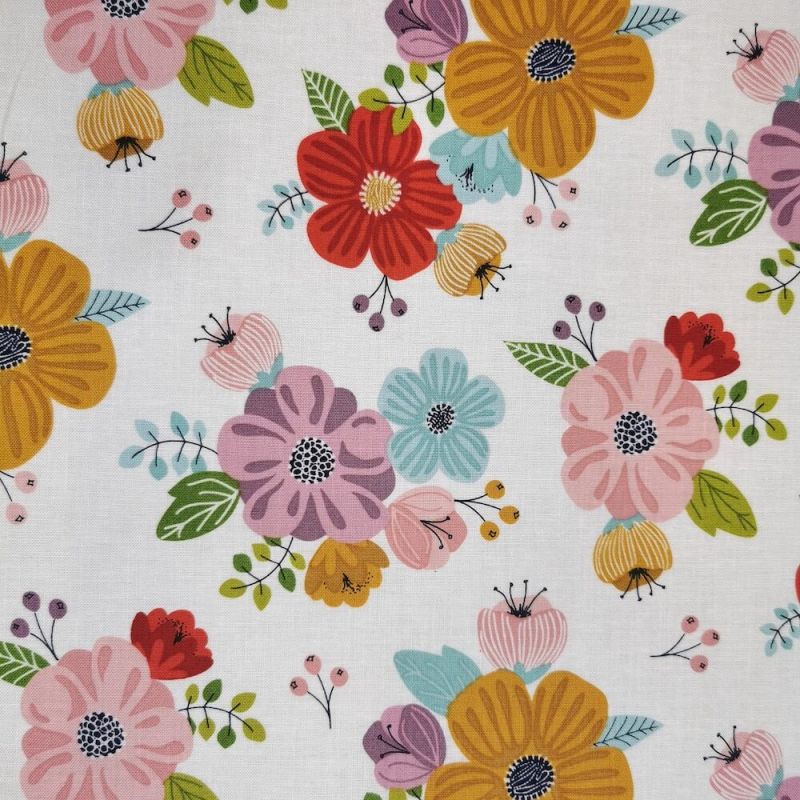 100% Cotton Print Fabric by Nutex - Sunshine - Flowers White