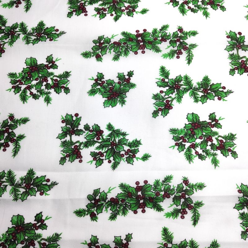 Christmas Polycotton Fabric - Christmas White with Holly 
