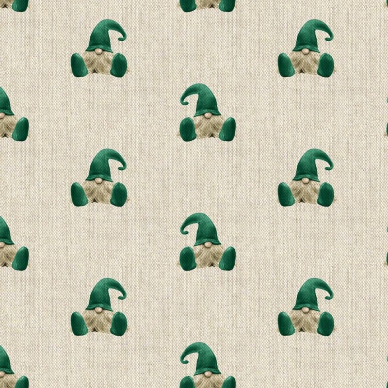 Elf, Gonk, Gnome - Green - Cotton Rich Linen Look Fabric - All Over Design
