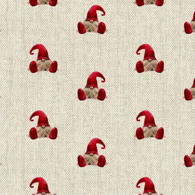 Elf, Gonk, Gnome - Red - Cotton Rich Linen Look Fabric - All Over Design