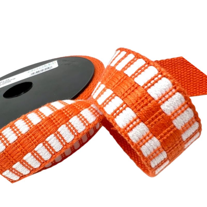 Cotton Mix Tile Stripe Webbing - 30mm - Orange / White