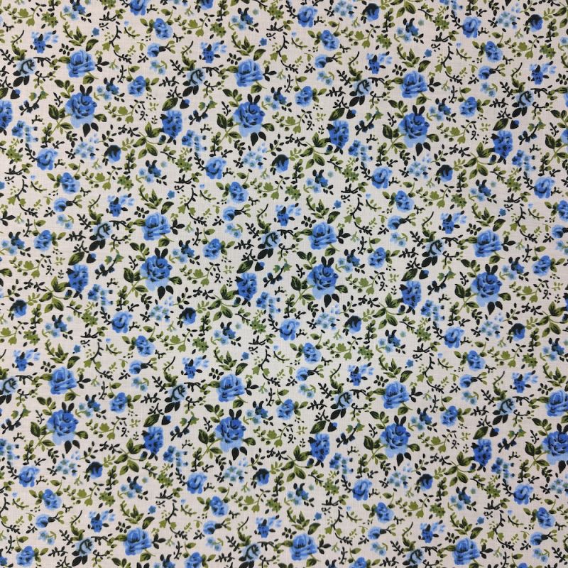 Polycotton Printed Fabric - Cream with Mini Blue Roses