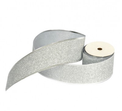 63mm Wired Edge Ribbon - Glitter Silver **FULL ROLL**