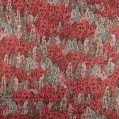 Silky Satin Printed Fabric - Leaf Effect Red