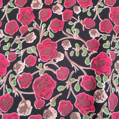 Silky Satin Printed Fabric - Red Roses Black
