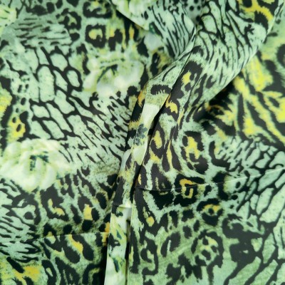 Silky Satin Printed Fabric - Green Black & Yellow