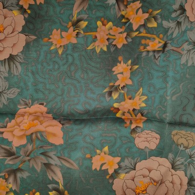 Silky Satin Printed Fabric - Teal with Large Flowers